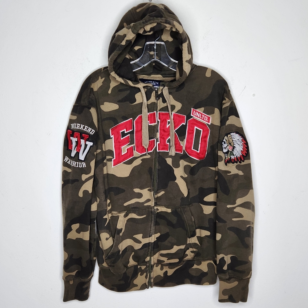 Ecko Unltd Camo Hoodie Mens Medium Weekend Warrior 90s Y2K Streetwear Full Zip